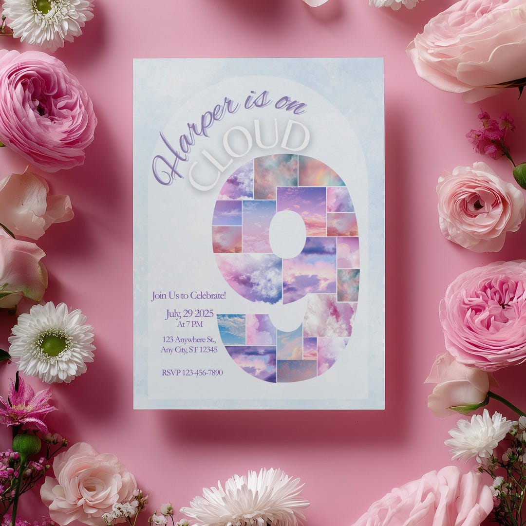 Ninth Birthday Invitation Template, Cloud 9 Birthday Party, Pastel ...