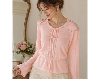 Cárdigan Beewear para mujer, talla M, rosa, estilo vintage de los años 70, punto calado coqueto, ballet