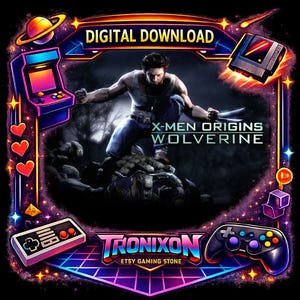 Op de afbeelding: Digitale download-afbeelding met Wolverine uit X-Men Origins. Het ontwerp bevat een arcade-machine, een gamecontroller en een retro gamecartridge. De lijst is een levendige mix van paars, blauw en oranje, met de tekst "Digital Download" bovenaan.