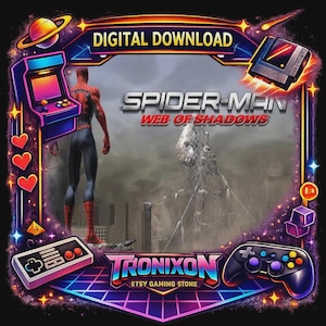 以下が含まれることがあります： Spider-Man Web of Shadowsのデジタルダウンロード用グラフィック。レトロなゲーム風の枠で囲まれており、アーケード筐体、ゲームカートリッジ、コントローラー、ゲーム機がネオンカラーのアクセントが効いた暗い背景に配置されています。