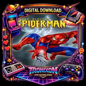 Może przedstawiać: Grafika do pobrania cyfrowego przedstawiająca Spider-Mana w dynamicznej pozie na tle burzowego miasta. Ramka zawiera automat do gier retro, kartridż, kontroler i konsolę, z napisem "DIGITAL DOWNLOAD" oraz "TRONIXON ETSY GAMING STONE".