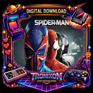 以下が含まれることがあります： Shattered DimensionsのSpider-Manのキャラクターをフィーチャーしたデジタルダウンロードグラフィック。デザインには、アーケードマシン、ゲームコントローラー、レトロゲームカートリッジなどのゲーム要素を備えた鮮やかなフレームが含まれています。「デジタルダウンロード」と「TRONIXON ETSY GAMING STONE」の文字も表示されています。