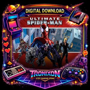 May include: Digital download graphic featuring the text "Ultimate Spider-Man" with Spider-Man and other characters. The design includes a retro arcade machine, game controllers, and the text "Tronixon Etsy Gaming Stone."