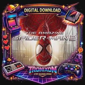May include: Digital download graphic featuring Spider-Man from The Amazing Spider-Man 2. The image has a vibrant, colorful border with retro gaming elements like an arcade machine, game controller, and a game cartridge. The text "TRONIXON ETSY GAMING STONE" is also included.