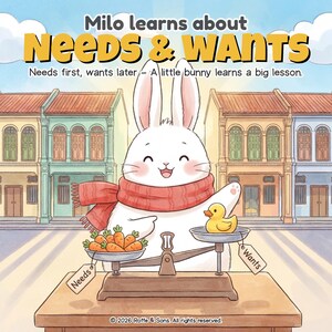 May include: A children's book cover titled Milo learns about Needs & Wants, featuring a white bunny wearing a red scarf. The bunny stands behind a balance scale with carrots on the left side labeled Needs and a yellow rubber duck on the right labeled Wants.