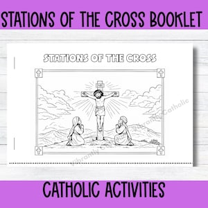 May include: A black and white booklet titled "STATIONS OF THE CROSS BOOKLET" with the text "STATIONS OF THE CROSS" at the top. The illustration depicts Jesus on the cross with two figures kneeling below. The words "CATHOLIC ACTIVITIES" are at the bottom.