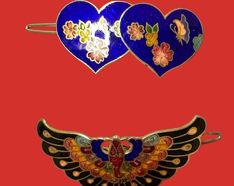 Vintage Cloisonne Hair Barrette: Enamel Butterfly & Floral  display picture 2