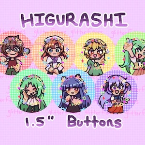 Higurashi when they cry | 7 metal pinback buttons (1.5") | Holographic