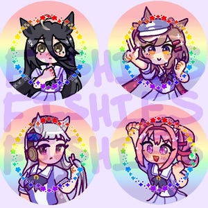 K&ouml;nnte beinhalten: Vier Illustrationen von Anime-Charakteren in kreisf&ouml;rmigen Rahmen. Jeder Charakter hat einen Blumenkranz und einen Regenbogen-Stern-Rand. Die Charaktere haben unterschiedliche Haarfarben und Ausdr&uuml;cke und tragen Outfits im Matrosenstil.
