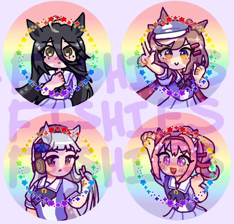 K&ouml;nnte beinhalten: Vier Illustrationen von Anime-Charakteren in kreisf&ouml;rmigen Rahmen. Jeder Charakter hat einen Blumenkranz und einen Regenbogen-Stern-Rand. Die Charaktere haben unterschiedliche Haarfarben und Ausdr&uuml;cke und tragen Outfits im Matrosenstil.