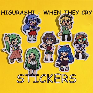 May include: A collection of seven anime-style stickers on a yellow background. The stickers feature various cartoon characters with different hair colors and outfits. The text "HIGURASHI - WHEN THEY CRY" and "STICKERS" are displayed.