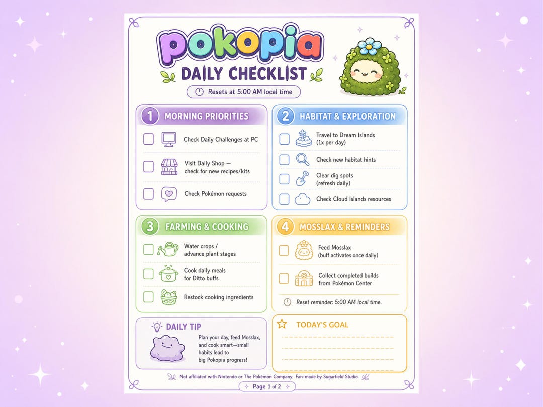Pokopia Checklist.pdf Pokopia Daily Reset Checklist | Printable PDF Tracker | Daily Task ...