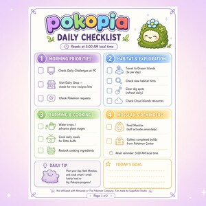 Puede incluir: Una colorida lista de verificación diaria de Pokopia con secciones para prioridades matutinas, exploración del hábitat, agricultura y recordatorios. La lista incluye un lindo personaje de dibujos animados y el texto "Daily Checklist".