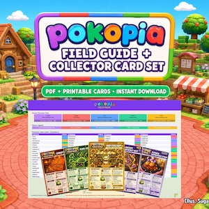 Op de afbeelding: Een digitale download met een "Pokopia Field Guide + Collector Card Set". De afbeelding toont een kleurrijk, cartoonachtig ontwerp met de tekst "PDF + Printbare kaarten + Direct downloaden". Er worden verschillende verzamelkaarten weergegeven.