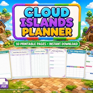 May include: A digital planner set titled Cloud Islands Planner with 10 printable pages for instant download. The graphic features floating islands with houses and a windmill, displaying six planner sheets including grids, checklists, and dashboards.