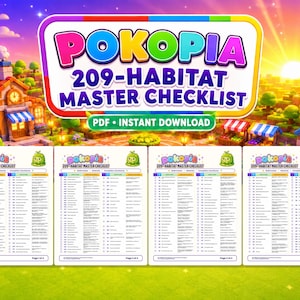 以下が含まれることがあります： 4枚の白いページで構成されたPokopia 209-Habitat Master Checklistのデジタル文書。整理されたリスト、チェックボックス、小さな緑色のキャラクターアイコンが特徴です。タイトルはPokopia 209-Habitat Master Checklist PDF Instant Downloadと記載されています。