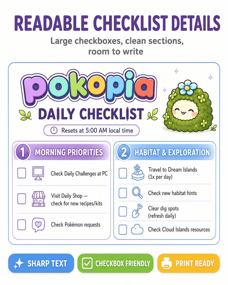 Pokopia Checklist.pdf Pokopia Daily Reset Checklist | Printable PDF Tracker | Daily Task ...