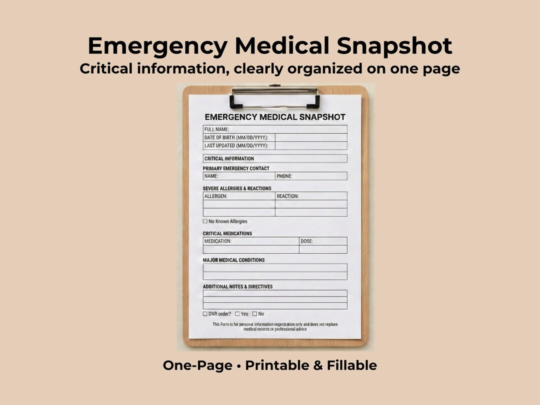 Emergency Medical Info Sheet Printable | One Page Health Summary ...