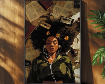 May include: Art print of a person with closed eyes wearing headphones, surrounded by books, cassette tapes, and flowers. The person is wearing a green hoodie and black top. The artwork has a warm color palette and is framed.