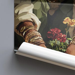 May include: An artistic print featuring arms adorned with multiple gold bracelets. The image includes red and yellow flowers, set against a backdrop of olive green and cream tones. The artwork has a painterly style.