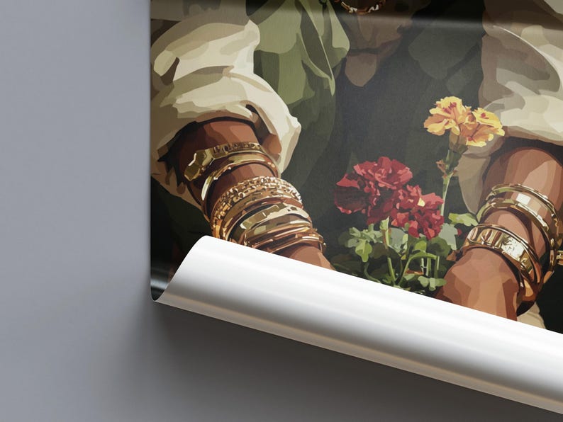 May include: An artistic print featuring arms adorned with multiple gold bracelets. The image includes red and yellow flowers, set against a backdrop of olive green and cream tones. The artwork has a painterly style.