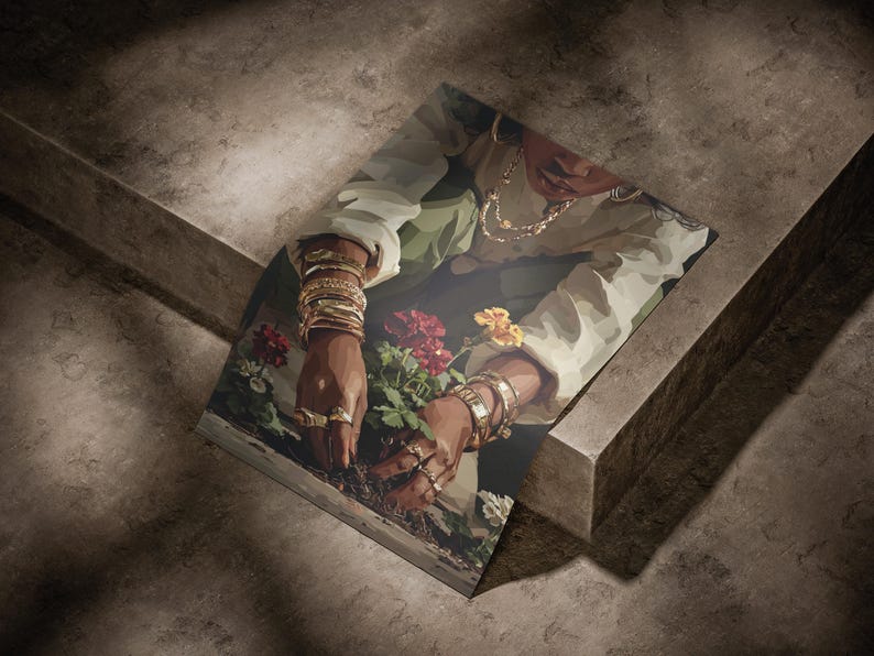 May include: An art print featuring a person tending to flowers. The person is wearing gold jewelry, including bracelets and rings. The artwork has a warm color palette with red and yellow flowers.