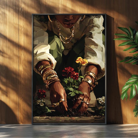 Black Woman Hands Planting Flowers Art, Black woman art, Black Art Print, Flower Art Print, Living Room Wall Art, Black Girl Decor