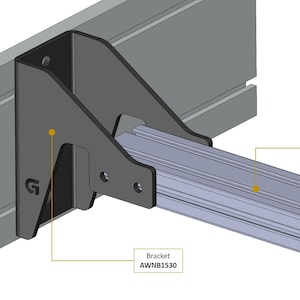 Puede incluir: Representación 3D de un soporte metálico negro, etiquetado como "Bracket AWNB1530", fijado a una viga metálica gris. Una extrusión metálica plateada, etiquetada como "Ex-1530", es soportada por el soporte. El soporte tiene la letra "G".