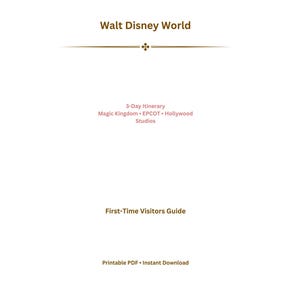 May include: A white document with text in brown and pink. The title "Walt Disney World" is at the top, followed by "3-Day Itinerary" and park names. Below is "First-Time Visitors Guide" and "Printable PDF • Instant Download."