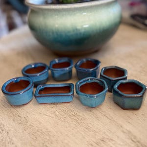 May include: A collection of small, turquoise ceramic pots with brown interiors, arranged on a wooden surface. A larger, matching turquoise and green ceramic pot with a plant is in the background. The pots vary in shape, including round, rectangular, and hexagonal.