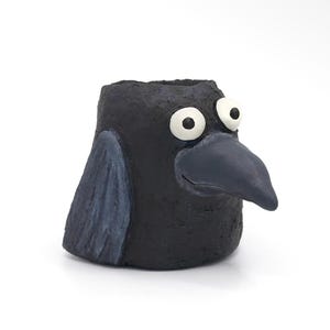 May include: A black ceramic planter shaped like a crow head with a textured surface, two large white eyes with black pupils, and a prominent dark gray beak. The bird-shaped vessel features a wing detail on the side and an open top for plants.