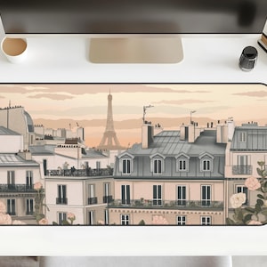 Paris Rooftops with Eiffel Tower Desk Mat | Floral Cityscape Mouse Pad