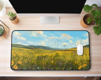 Alfombrilla de escritorio/alfombrilla de ratón con paisaje de pradera soleada de flores silvestres, arte paisajístico.