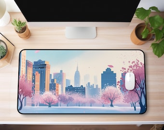 Cherry Blossom Cityscape Desk Mat | Spring Skyline Mouse Pad