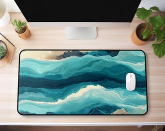 Alfombrilla de escritorio abstracta con diseño de olas oceánicas / Superficie de trabajo artística en azul verdoso