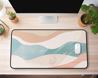 Alfombrilla de escritorio con diseño abstracto de olas en tonos pastel / Alfombrilla de ratón para oficina con diseño costero de arena azul coral.