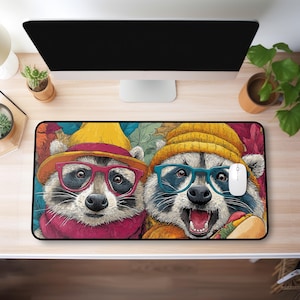 Raccoon Duo Autumn Friends Desk Mat | Cozy Knit Hats Scarves Mouse Pad