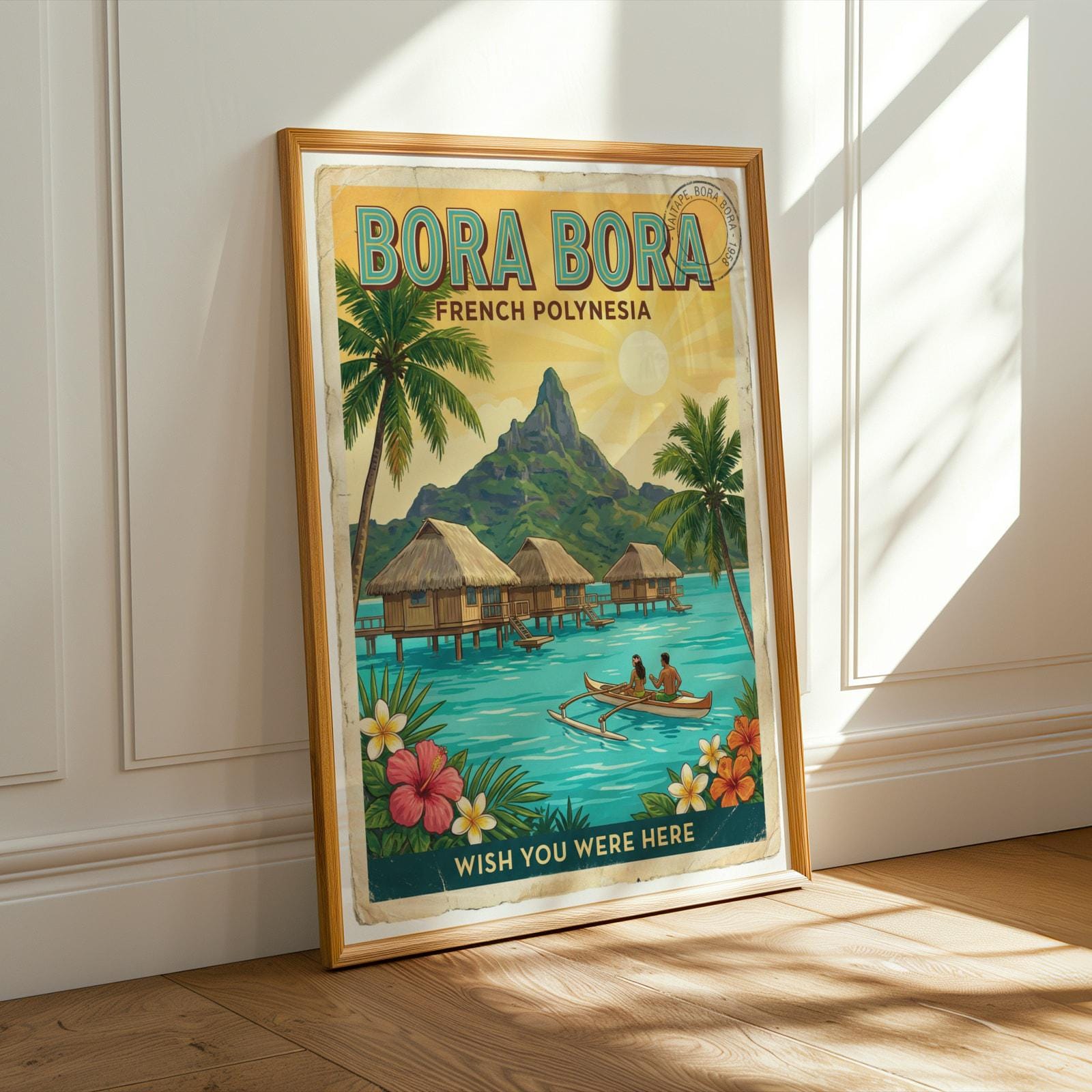 Bora Bora Poster - Retro Travel Postcard Illustration, Turquoise And Teal image 3