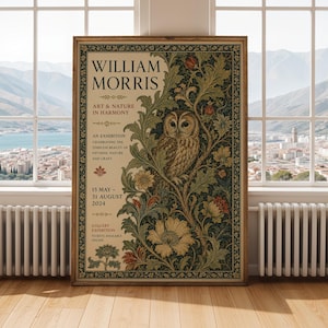 Estampado de búho del bosque de William Morris – Diseño botánico Arts & Crafts (Verde azulado oscuro, verde bosque)
