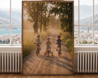 Modern Golden Hour Dirt Path Bike Kids Poster - Golden Yellow and Olive Green