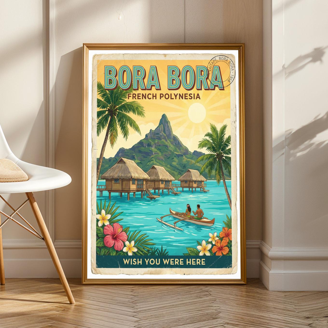 Bora Bora Poster - Retro Travel Postcard Illustration, Turquoise And Teal image 2