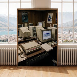 May include: A framed image of a retro computer setup, featuring multiple beige desktop computers, monitors, and a printer on a wooden desk. Posters for Netscape Navigator and AOL are visible. The scene evokes a nostalgic tech era.