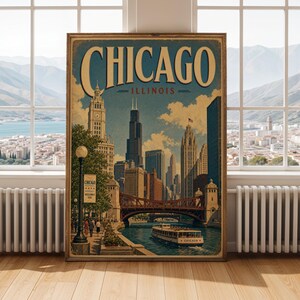 Chicago Riverwalk Skyline Poster - Vintage Travel