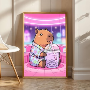 Capybara Art Print – Minimalist, Floral Pajama, Purple Bubble Tea Scene image 4