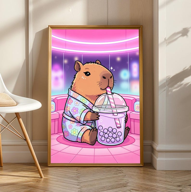 Capybara Art Print – Minimalist, Floral Pajama, Purple Bubble Tea Scene image 4