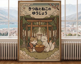 Kitsune to Neko No Yujo Art Print Beige and Brown Tones