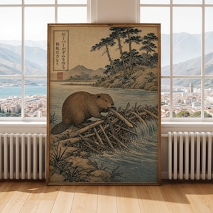 May include: Framed print showing a beaver constructing a dam in a tranquil setting. The artwork features a brown beaver, a river, and Japanese text. The color scheme includes browns, blues, and beige, giving a vintage feel. The print is in a wooden frame.