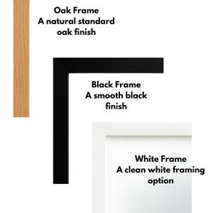 May include: Image showcasing three frame options: an oak frame with a natural finish, a black frame with a smooth finish, and a white frame with a clean white finish. Each frame corner is displayed.