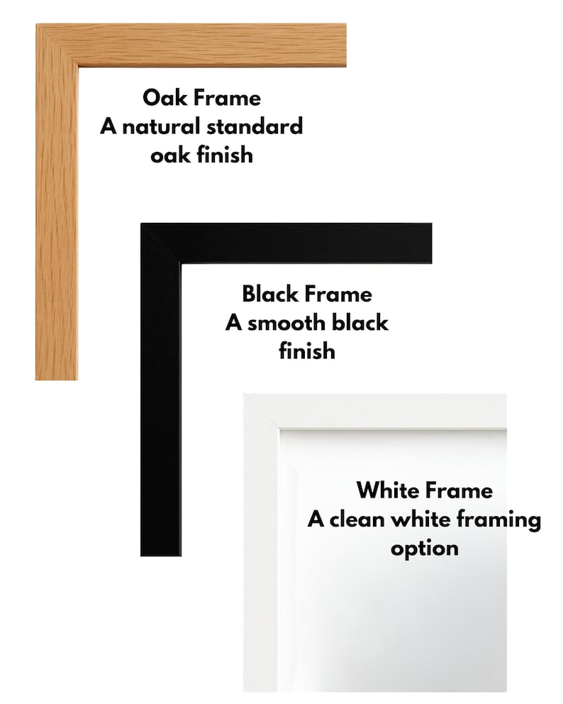 May include: Image showcasing three frame options: an oak frame with a natural finish, a black frame with a smooth finish, and a white frame with a clean white finish. Each frame corner is displayed.
