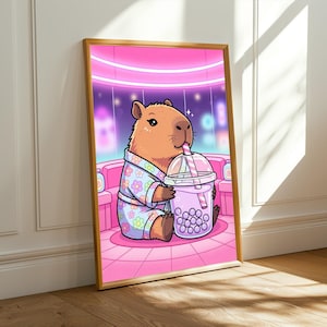 Capybara Art Print – Minimalist, Floral Pajama, Purple Bubble Tea Scene image 5